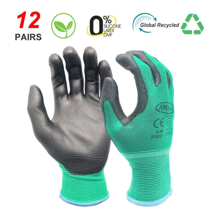 24 pieces/12 pairs of work gloves with PU coating on palm.