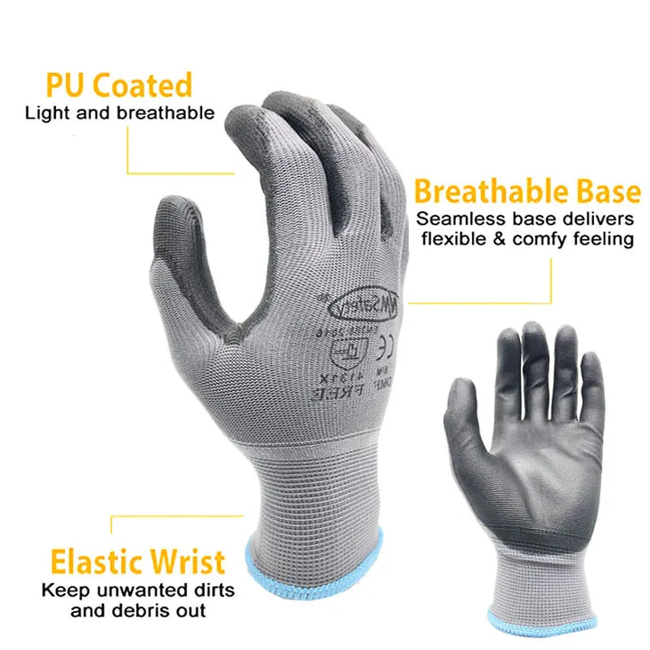 24 pieces/12 pairs of work gloves with PU coating on palm.